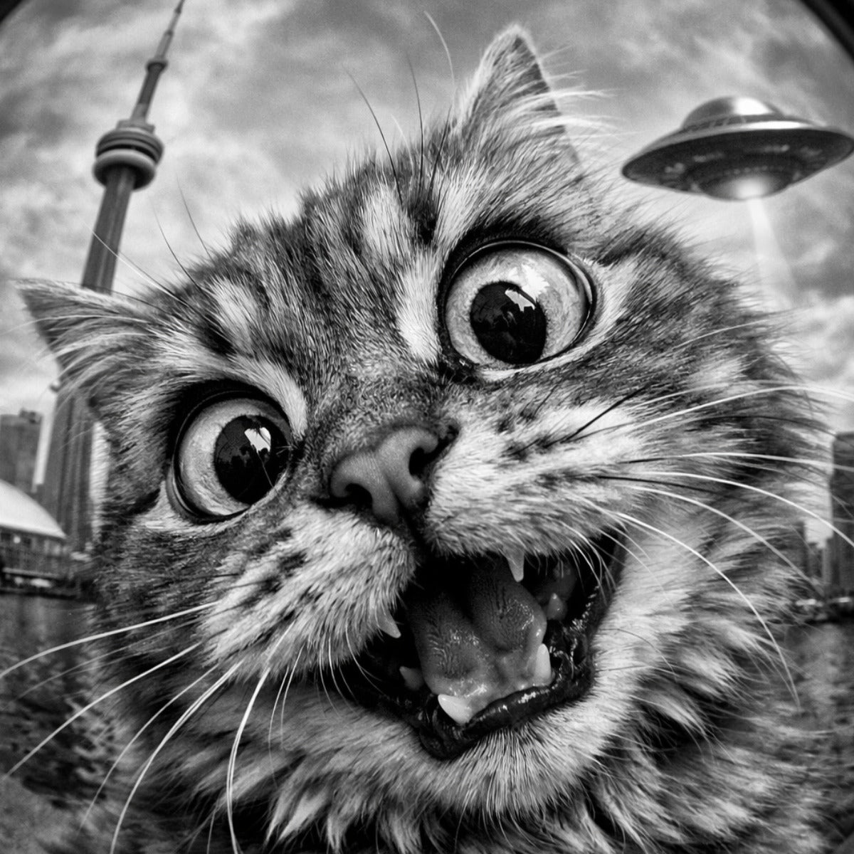 Close-up of a cat with a surprised expression, Toronto background that includes the CN Tower and a spaceship