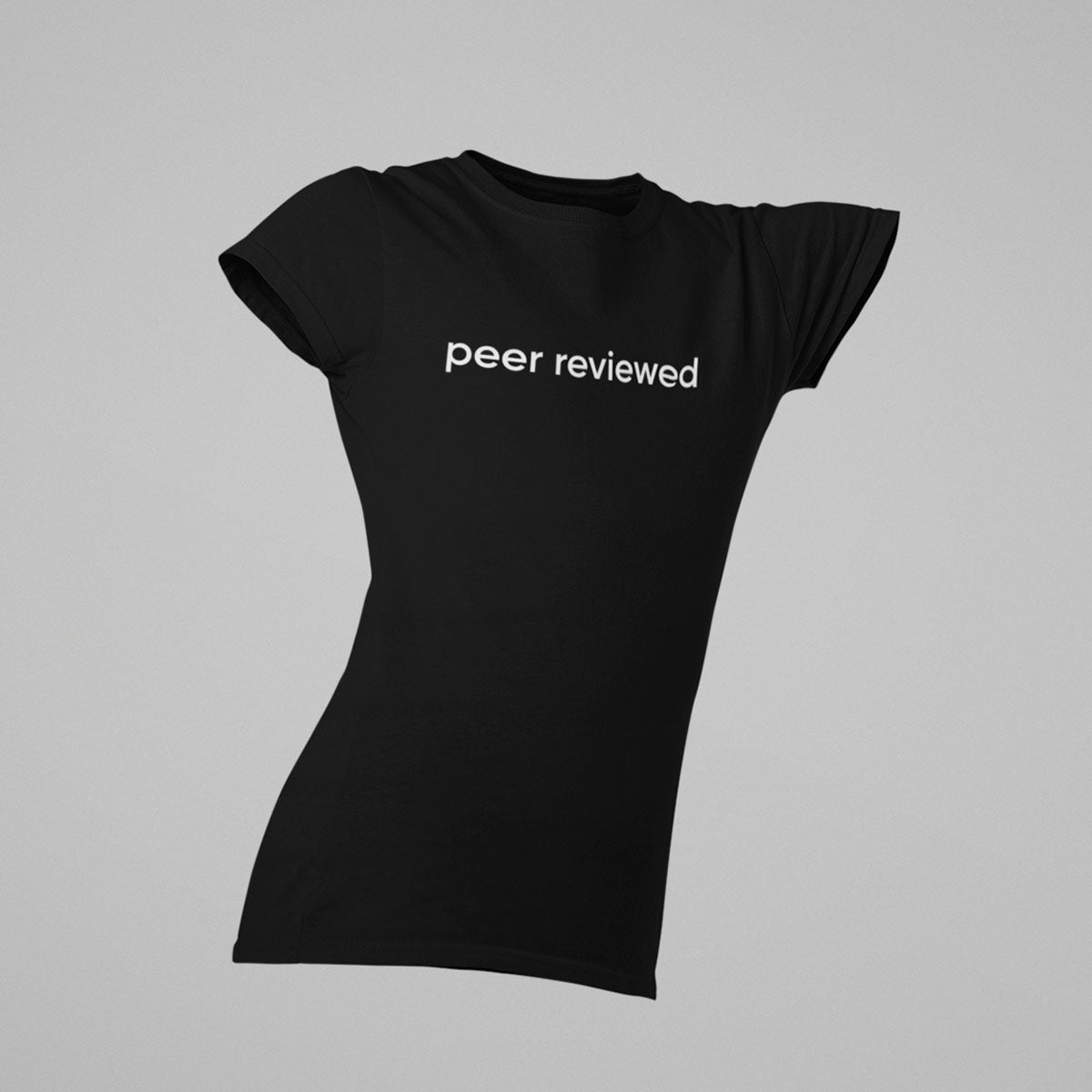 Black t-shirt with 'peer reviewed' text on a gray background